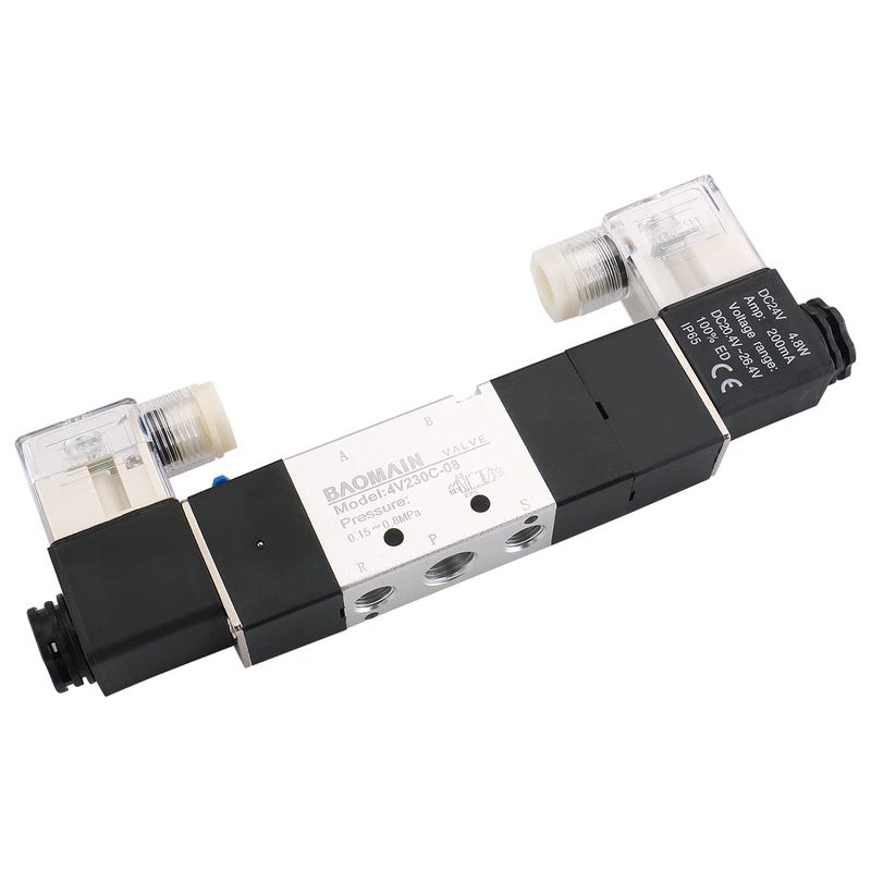 Baomain Pneumatic Solenoid Air Valve 4V230C-08 DC 24V 5 Way 3 Position PT1/4" Internally Piloted Acting Type Double Electrical Control Midst Closed - Image 2